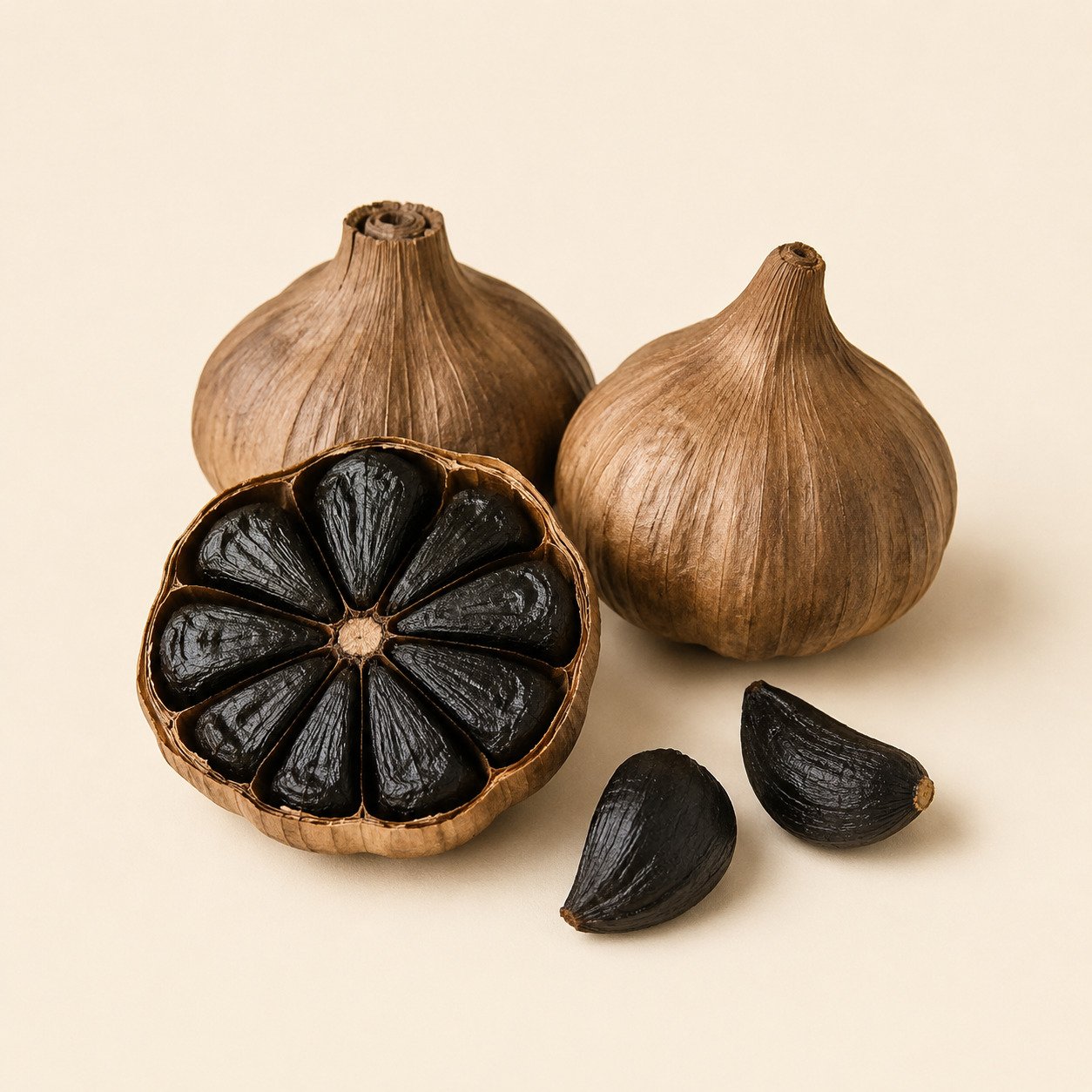 Cabezas completas de ajo negro, una abierta para mostrar sus dientes