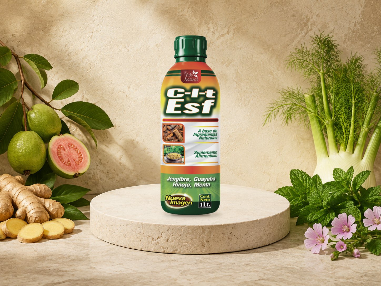 C-L-F-ESF Vida Natural apoyado sobre la superficie de un pedestal circular de piedra