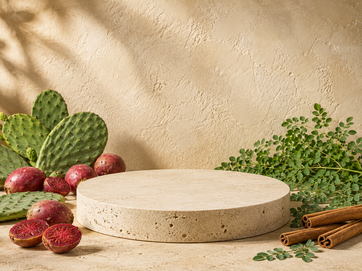 Escena botánica con nopal, xoconostle, moringa y canela