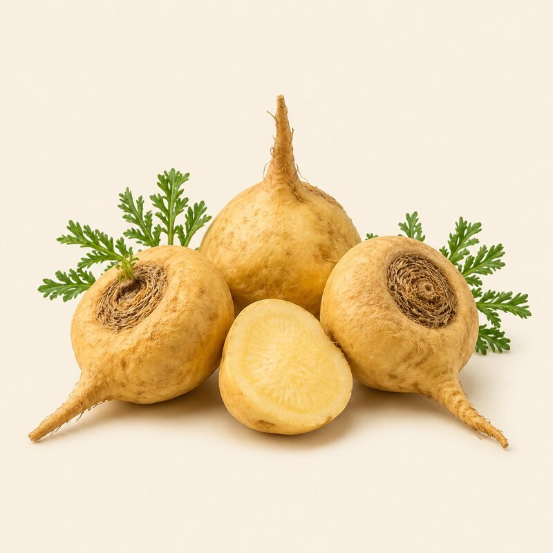 Raíces de maca enteras y cortadas