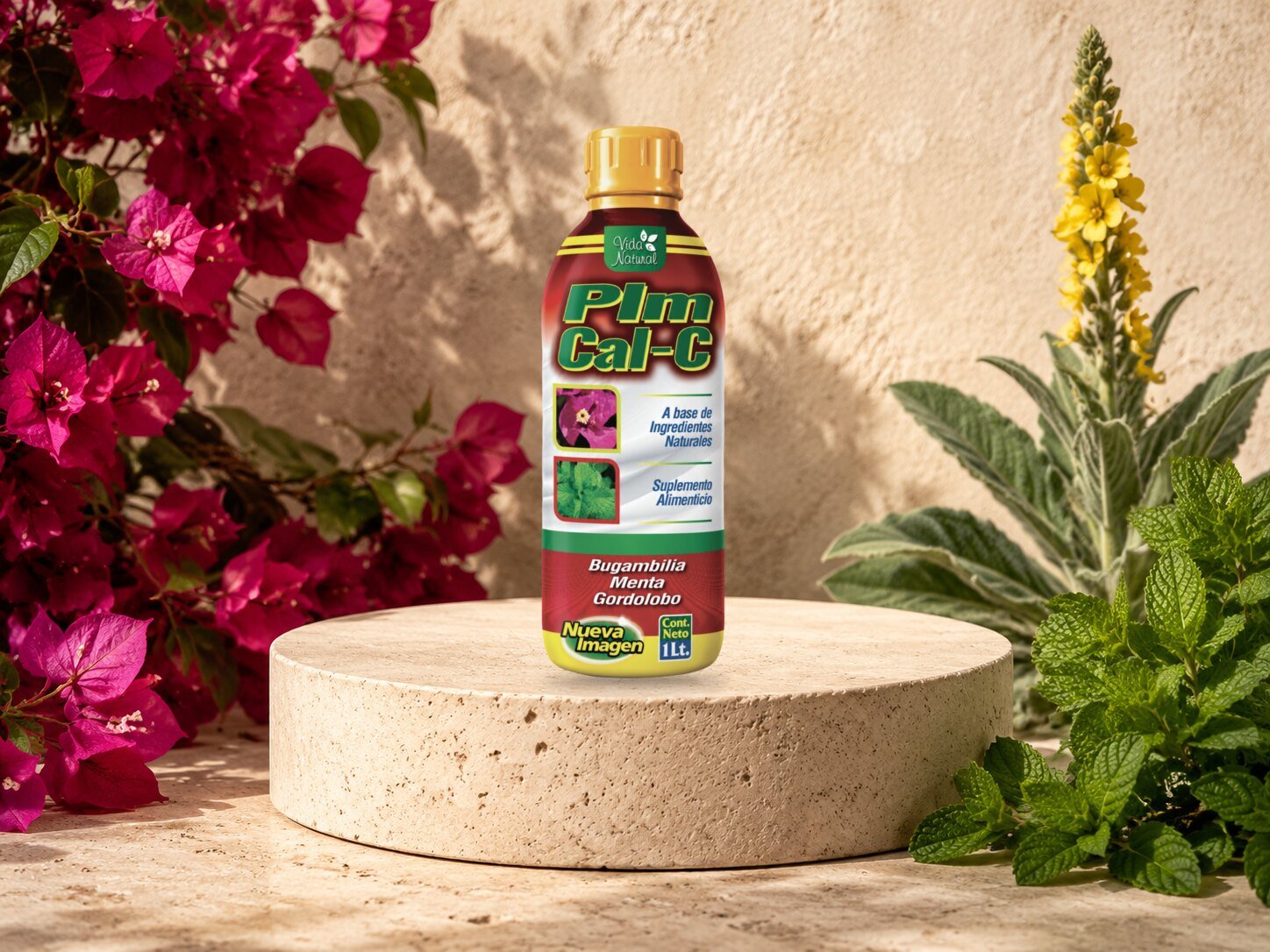 PLM Cal-C Vida Natural apoyado sobre la superficie de un pedestal circular de piedra