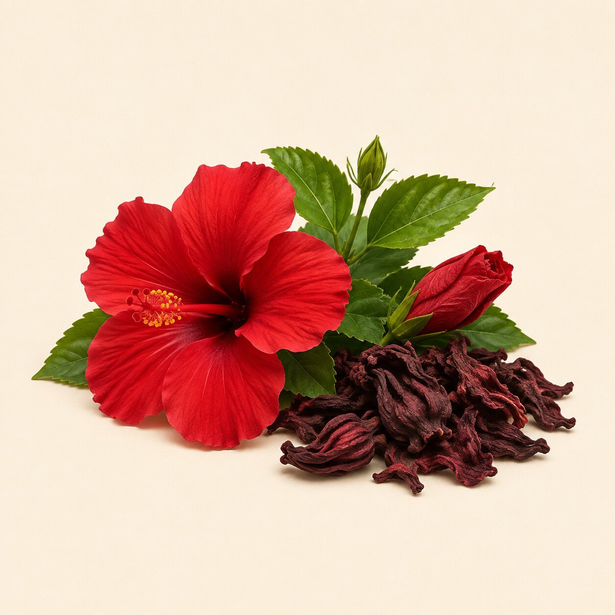 Flor completa de hibisco con hojas