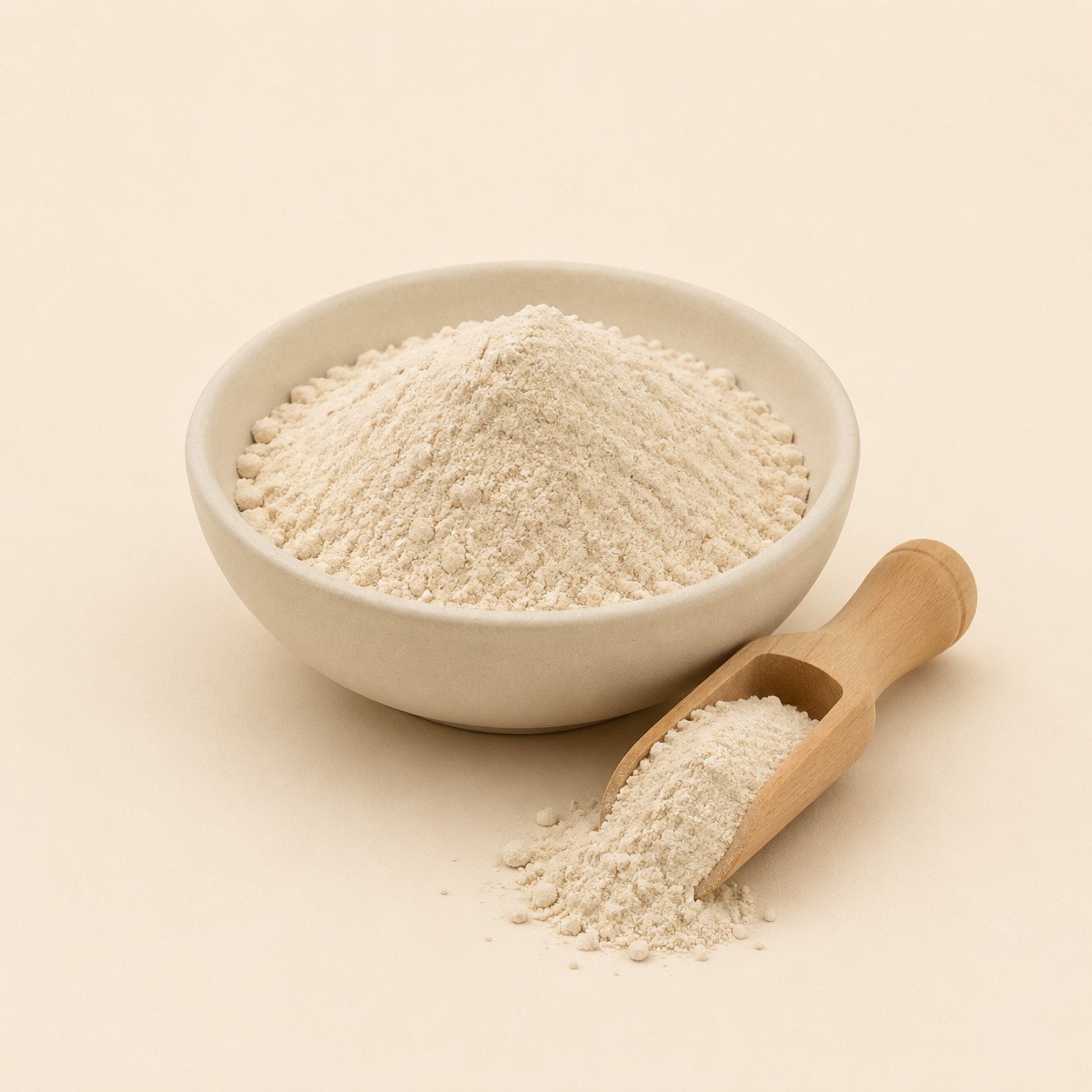 Polvo fino de hierro bisglicinato en recipiente y cuchara