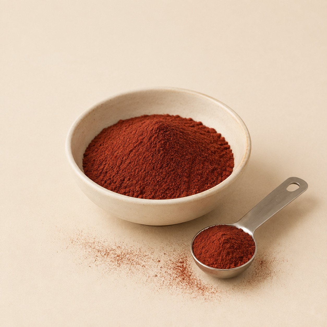 Polvo de fumarato ferroso en recipiente y cuchara