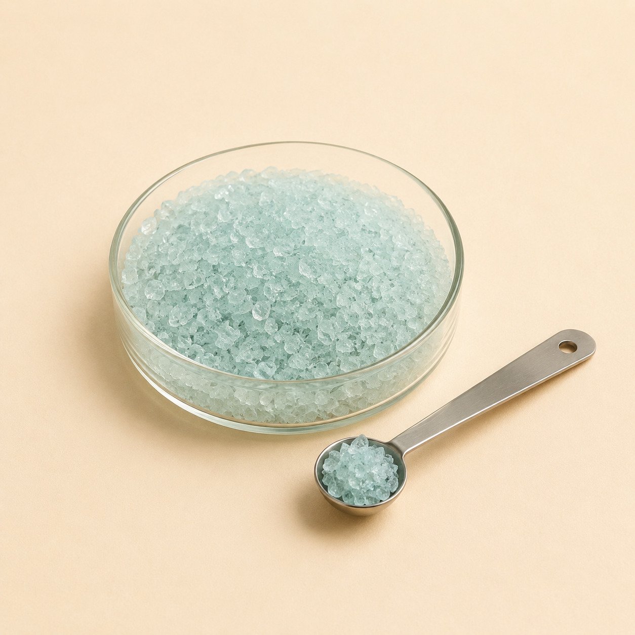 Cristales de sulfato ferroso en recipiente y cuchara
