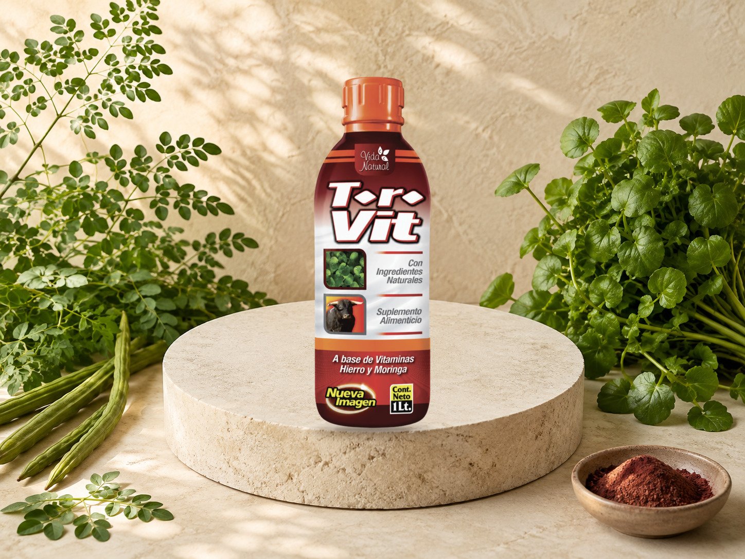 T-R-VIT Vida Natural apoyado sobre la superficie de un pedestal circular de piedra