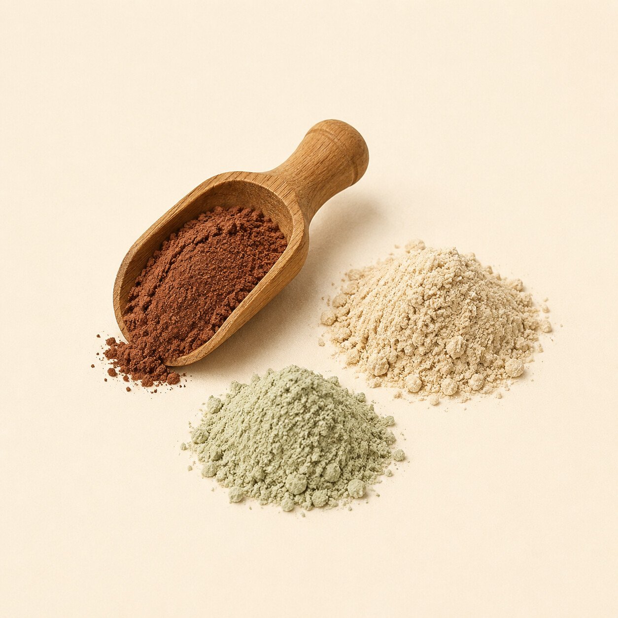 Ingredientes minerales en polvo con cuchara de madera