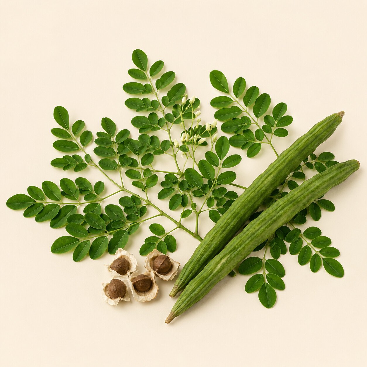 Ramas, vainas y semillas completas de moringa