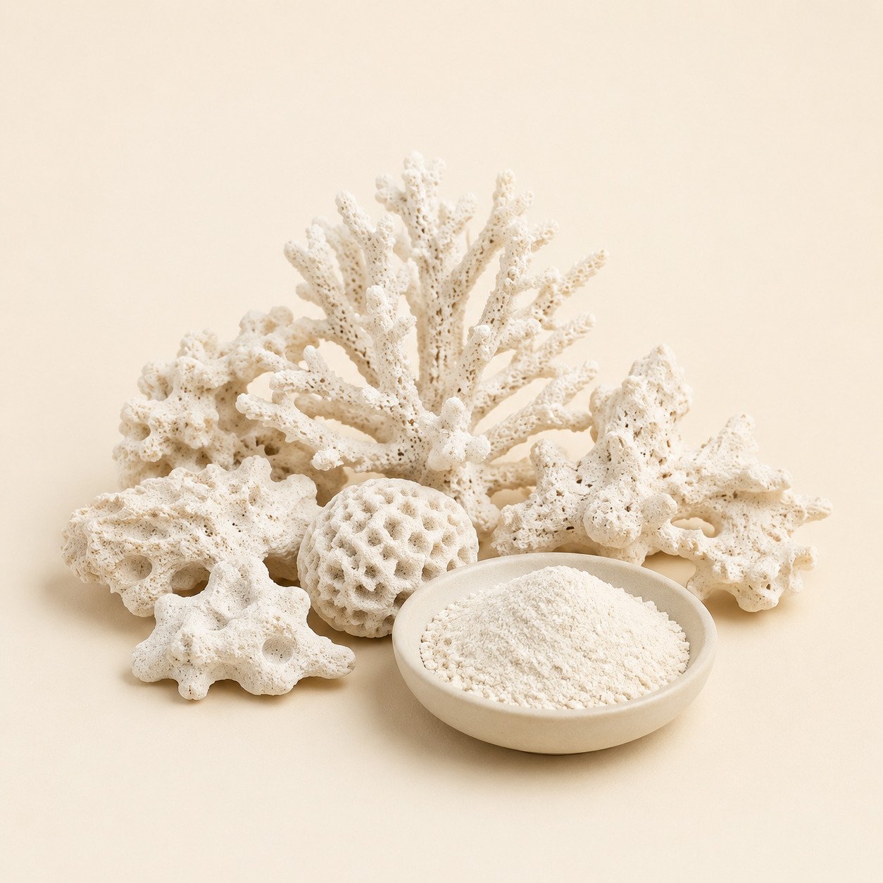 Fragmentos completos de calcio de coral y polvo mineral