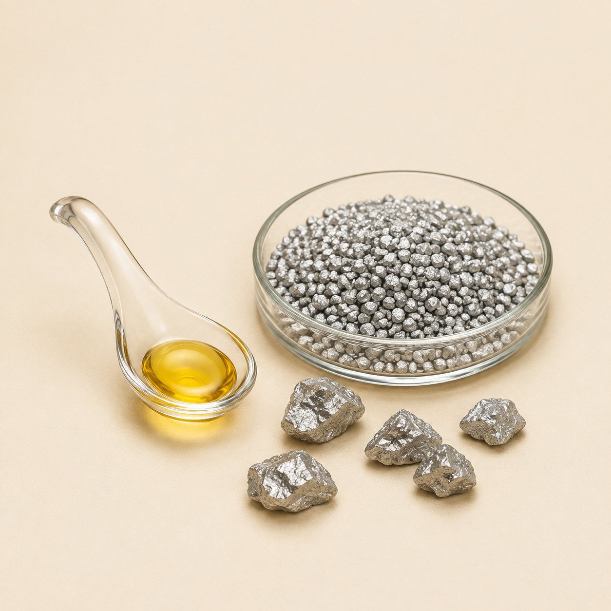Aceite dorado y material mineral que representan vitamina D y zinc