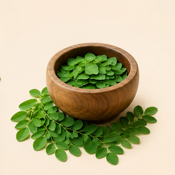 Hojas seleccionadas de moringa en un cuenco de madera